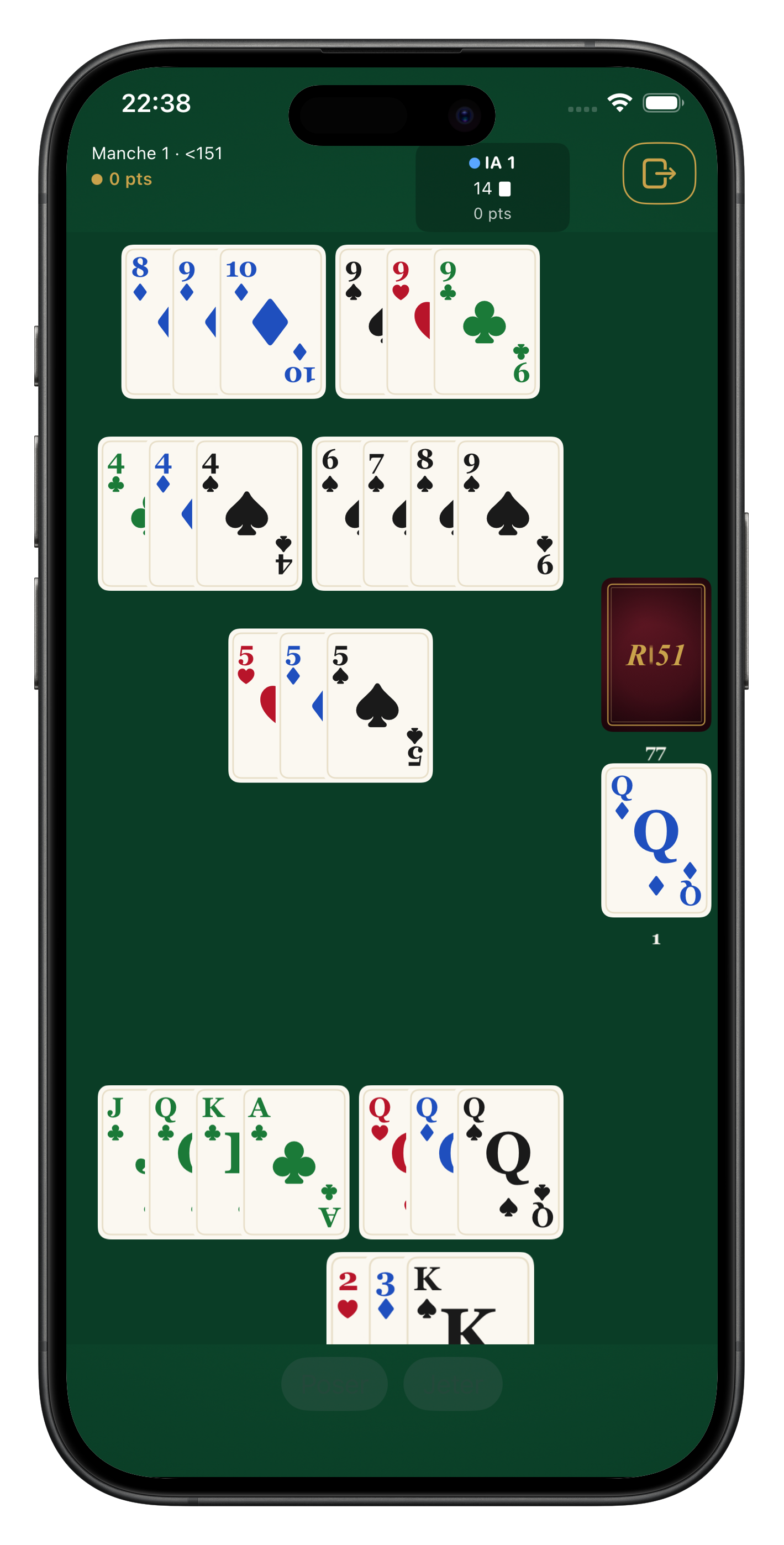 Une partie de Rami 51 en cours sur iPhone